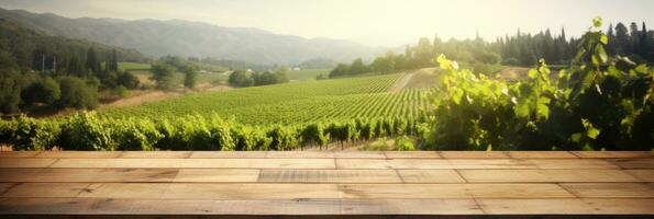 Empty wood table top with on blurred vineyard landscape background. Generative Ai photo