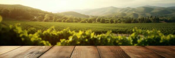 Empty wood table top with on blurred vineyard landscape background. Generative Ai photo