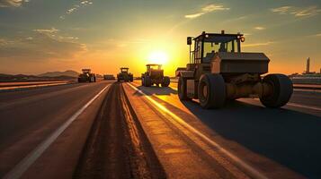 Asphalt, Road rollers working on the new road construction site. Generative Ai photo