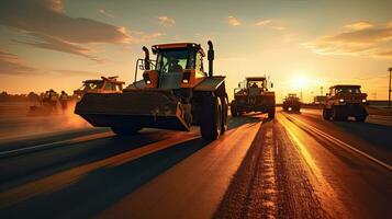 Asphalt, Road rollers working on the new road construction site. Generative Ai photo