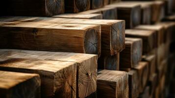Industrial wood, timber, Pine wood timber, lumber, Wooden boards. Generative Ai photo