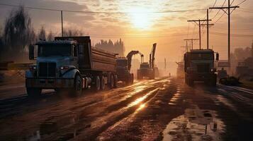 Asphalt Road Construction. Road Workers and Construction Machinery on the Construction Site. Generative Ai photo