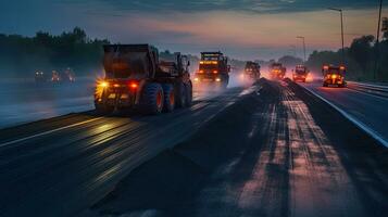 asfalto, la carretera rodillos trabajando en el nuevo la carretera construcción sitio. generativo ai foto