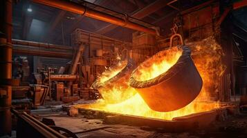 industrial metallurgical foundry factory, liquid molten metal pouring in ladle, heavy industry. Generative Ai photo