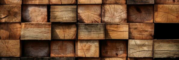 Industrial wood, timber, Pine wood timber, lumber, Wooden boards. Generative Ai photo