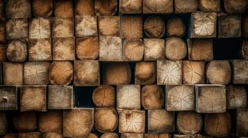 Industrial wood, timber, Pine wood timber, lumber, Wooden boards. Generative Ai photo