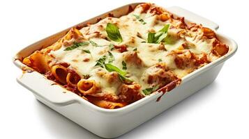 Lasagna in baking dish isolated on white background. Generative Ai photo