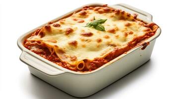 Lasagna in baking dish isolated on white background. Generative Ai photo