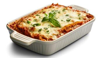 Lasagna in baking dish isolated on white background. Generative Ai photo