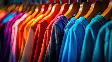 Apparel cloth, Colorful t shirts on hangers. Generative Ai photo