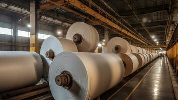 Factory production large rolls of thermal paper. paper industry. Generative Ai photo