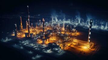 Industry pipeline transport petrochemical, gas and oil processing. The power industry factory at night. Generative Ai photo