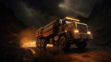 grande cantera tugurio camión en carbón mía a noche. cargando carbón dentro cuerpo trabajo camión. generativo ai foto