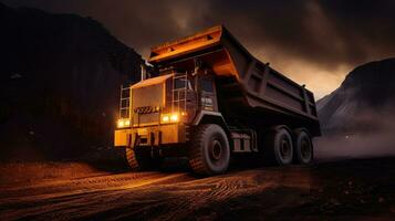 Large quarry dump truck in coal mine at night. Loading coal into body work truck. Generative Ai photo