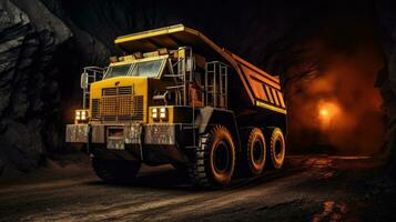 Large quarry dump truck in coal mine at night. Loading coal into body work truck. Generative Ai photo