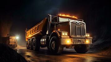 Large quarry dump truck in coal mine at night. Loading coal into body work truck. Generative Ai photo