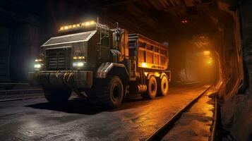 grande cantera tugurio camión en carbón mía a noche. cargando carbón dentro cuerpo trabajo camión. generativo ai foto