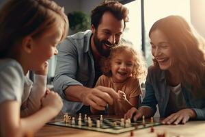 alegre familia jugando tablero juegos a hogar encontrar felicidad y armonía en tu gratis tiempo. generativo ai foto