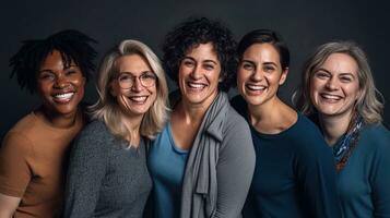 alegre celebrando internacional De las mujeres día con diversidad capital inclusión en el educación industria con multirracial hembra maestros generativo ai foto