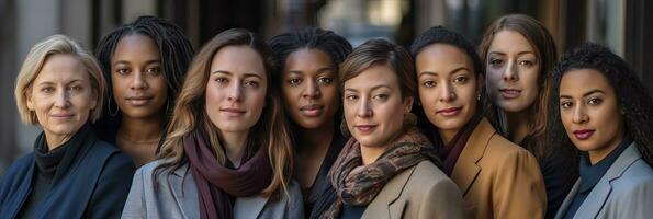 retrato de mujer es día con diversidad capital inclusión en el educación industria con multirracial hembra profesores en calle. celebrando internacional. generativo ai foto