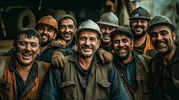 Group of happy workers at construction site. Generative Ai photo