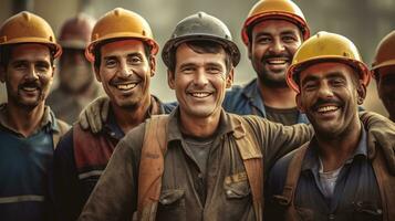 Group of happy workers at construction site. Generative Ai photo