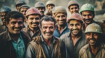 Group of happy workers at construction site. Generative Ai photo