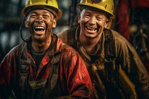 Happy of workers working at a crude oil well. Generative Ai photo