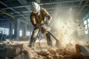 A Laborer uses a jackhammer to break up a concrete at construction site. Generative Ai photo