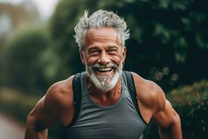 un contento mayor hombre en aptitud vestir corriendo en un parque. generativo ai foto