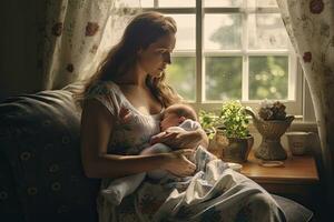 madre abrazando su bebé con amor y calor a hogar, recién nacido bebé. generativo ai foto