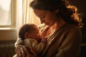 madre abrazando su bebé con amor y calor a hogar, recién nacido bebé. generativo ai foto