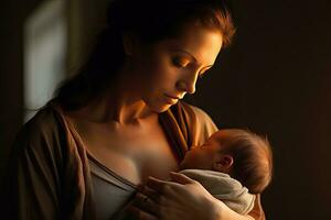 madre abrazando su bebé con amor y calor a hogar, recién nacido bebé. generativo ai foto