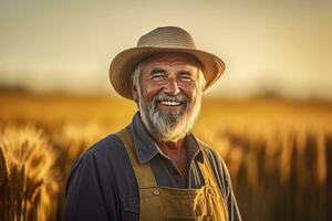 Smiling senior farmer in golden wheat field. photo