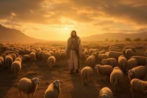 A bible jesus shepherd with his flock of sheep during sunset. Generative AI photo