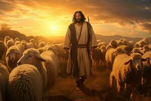 A bible jesus shepherd with his flock of sheep during sunset. Generative AI photo