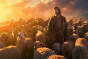 A bible jesus shepherd with his flock of sheep during sunset. Generative AI photo