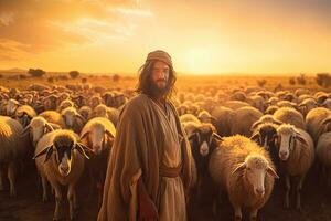 A bible jesus shepherd with his flock of sheep during sunset. Generative AI photo