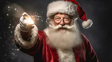 Christmas Day, Santa Claus pointing in blank advertisement banner with copy space. Generate Ai photo