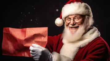 Christmas Day, Santa Claus pointing in blank advertisement banner with copy space. Generate Ai photo