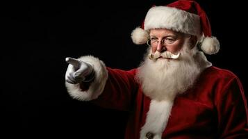 Navidad día, Papa Noel claus señalando en blanco anuncio bandera con Copiar espacio. generar ai foto