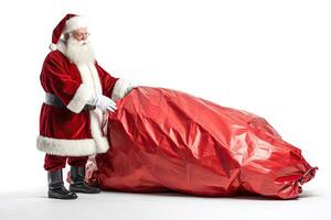 Navidad día, Papa Noel claus con un enorme bolsa, entrega Navidad regalos aislado en blanco antecedentes. generar ai foto