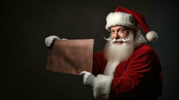 Navidad día, Papa Noel claus señalando en blanco anuncio bandera con Copiar espacio. generar ai foto