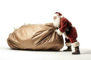 Navidad día, Papa Noel claus con un enorme bolsa, entrega Navidad regalos aislado en blanco antecedentes. generar ai foto