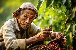 Vietnamese farmers Picking Arabica coffee berries Robusta by hand. Generative Ai photo