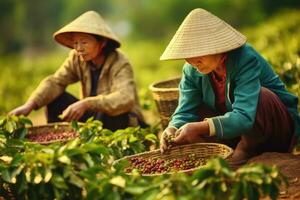 Female vietnamese farmers Picking Arabica coffee berries Robusta by hand. Generative Ai photo