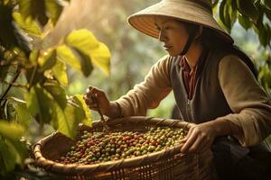 A female vietnamese farmer Picking Arabica coffee berries Robusta by hand. Generative Ai photo