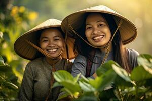 Happy Vietnamese female farmers in the coffee plantation. Generative Ai photo