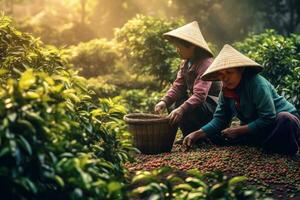 Vietnamese farmers Picking Arabica coffee berries Robusta by hand. Generative Ai photo