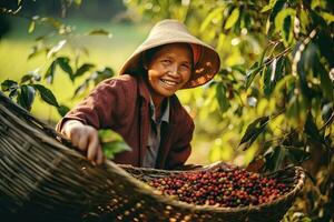 Portrait of a happy Vietnamese female farmer In the background, there is a farmer picking berries of Arabica Robusta coffee. Generative Ai photo